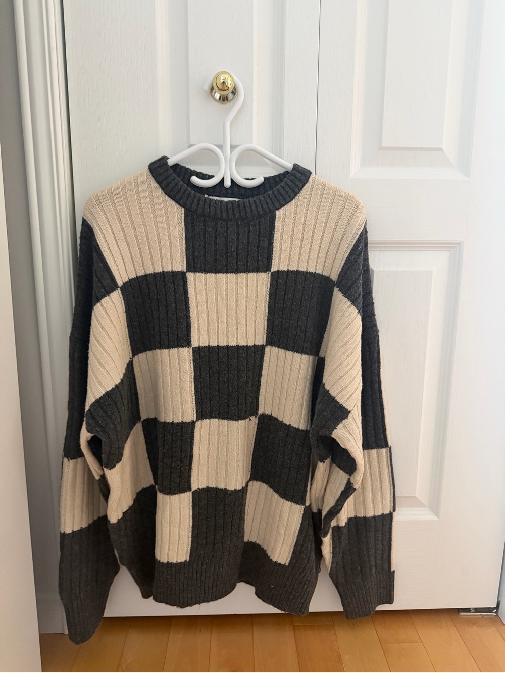 OAK + FORT Checkerboard Ribbed Crewneck Sweater - Beige & Charcoal